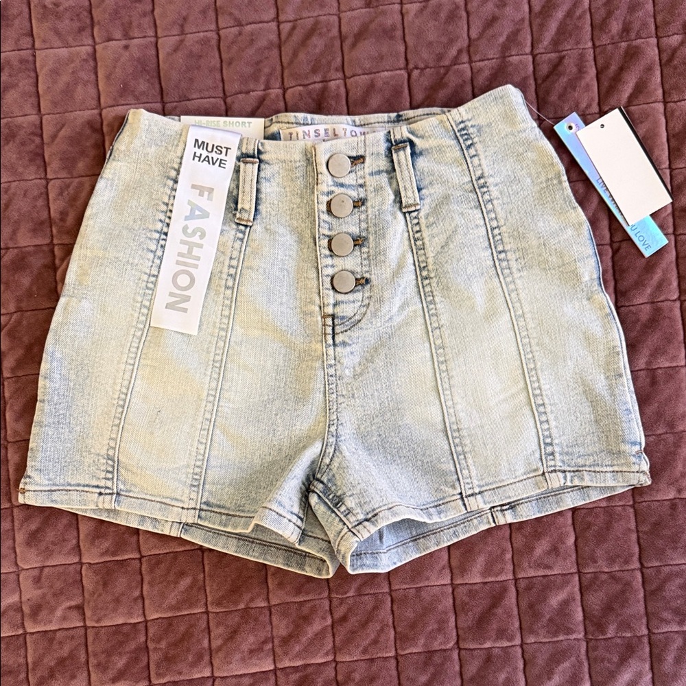 Tinsel Town High-Waist Light Wash Denim Shorts with Front Buttons Size 0